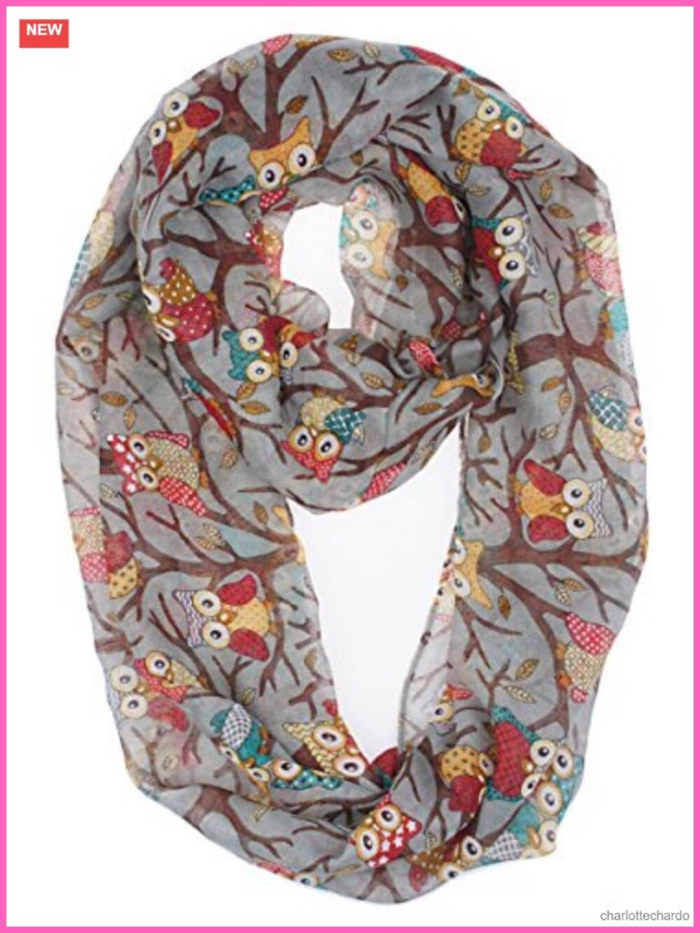 Owl Print Infinity Scarf Polyester One Size - Picture 1 of 4